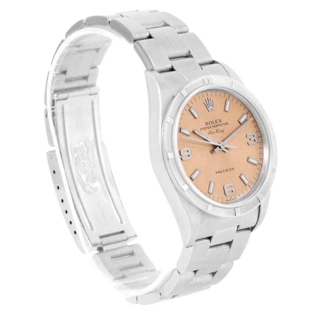 The Rolex Air-King 14010 Stainless Steel Pink Dial 14010 Stainless Steel Pink Dial watch is shown at a slight angle, displaying the face, bezel, and band.