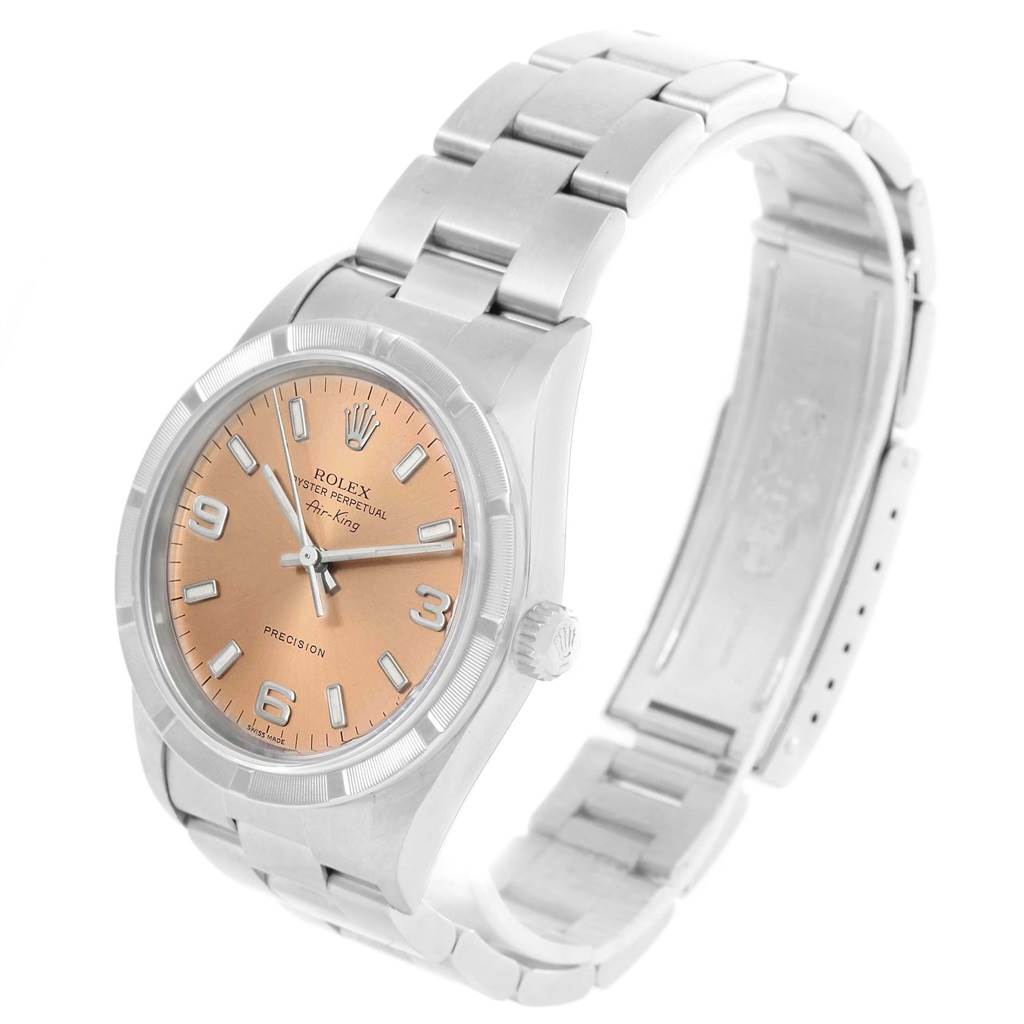 The image shows a Rolex Air-King 14010 Stainless Steel Pink Dial 14010 Stainless Steel Pink Dial watch at a slightly tilted angle, displaying its face, bezel, crown, and part of the bracelet.