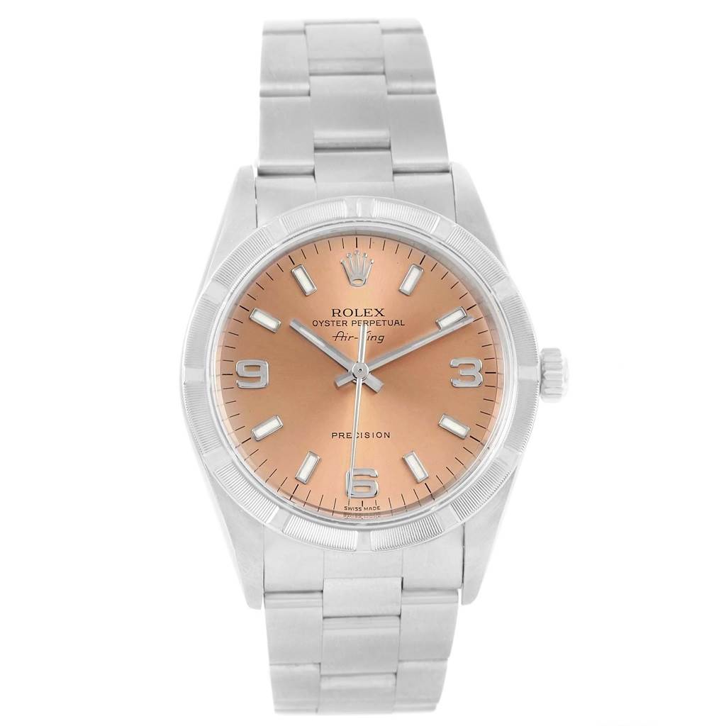 The image shows a frontal view of a Rolex Air-King 14010 Stainless Steel Pink Dial 14010 Stainless Steel Pink Dial watch, highlighting its dial, bezel, and bracelet.