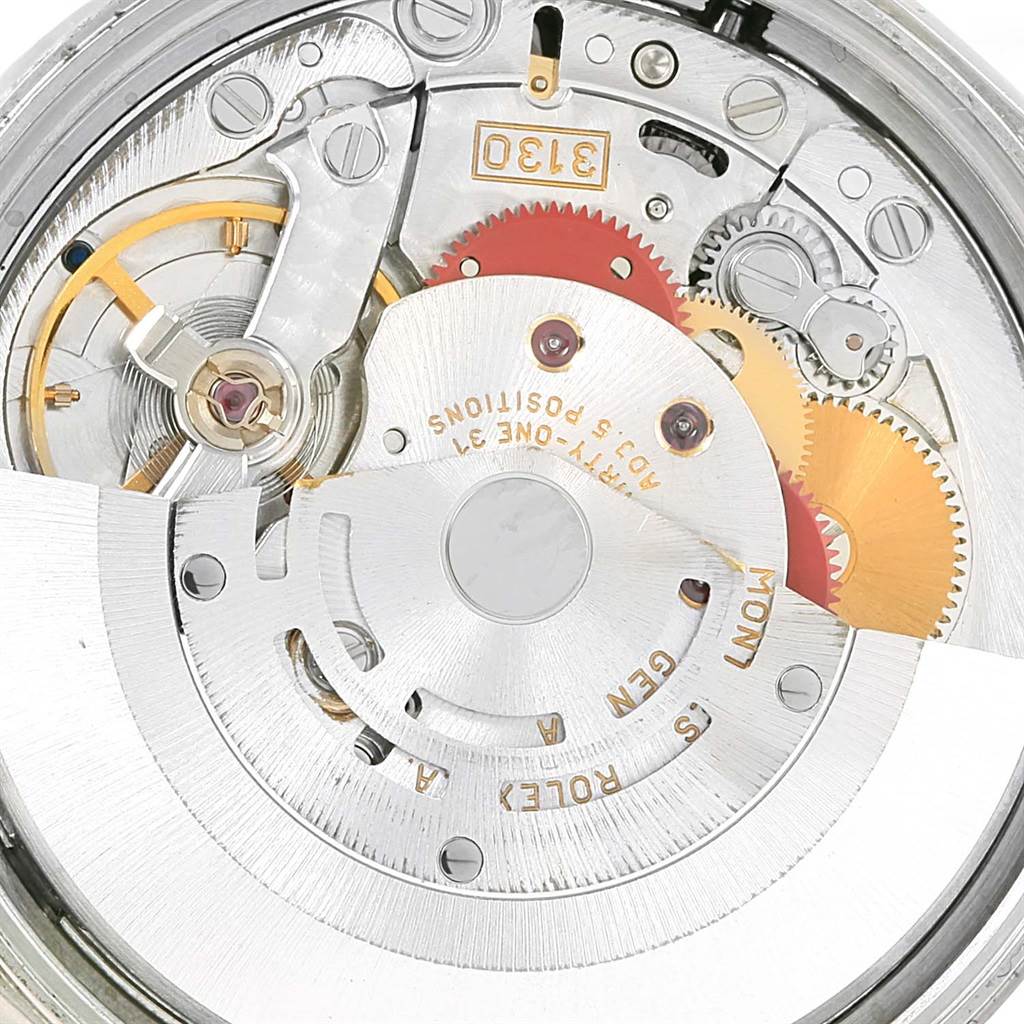 The image shows a close-up view of the movement and internal mechanism of a Rolex Air-King 14010 Men's Stainless Steel Black Dial 14010 Men's Stainless Steel Black Dial watch.