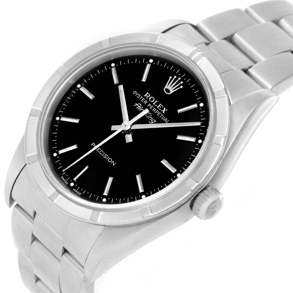 This image shows the face, bezel, crown, and part of the bracelet of the Rolex Air-King 14010 Men's Stainless Steel Black Dial 14010 Men's Stainless Steel Black Dial watch, angled slightly from above.