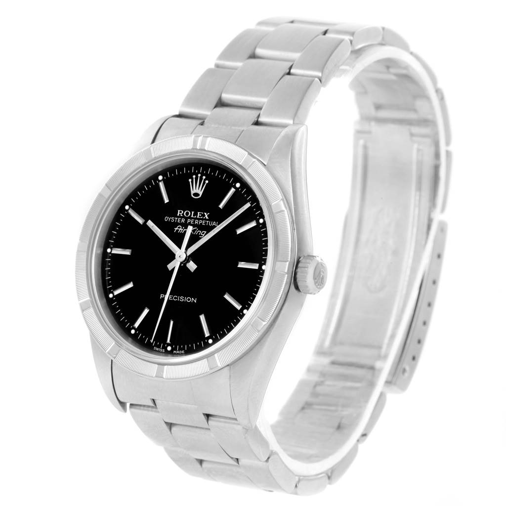 This image shows a Rolex Air-King 14010 Men's Stainless Steel Black Dial 14010 Men's Stainless Steel Black Dial watch at a front angle, displaying the face, bezel, and bracelet.