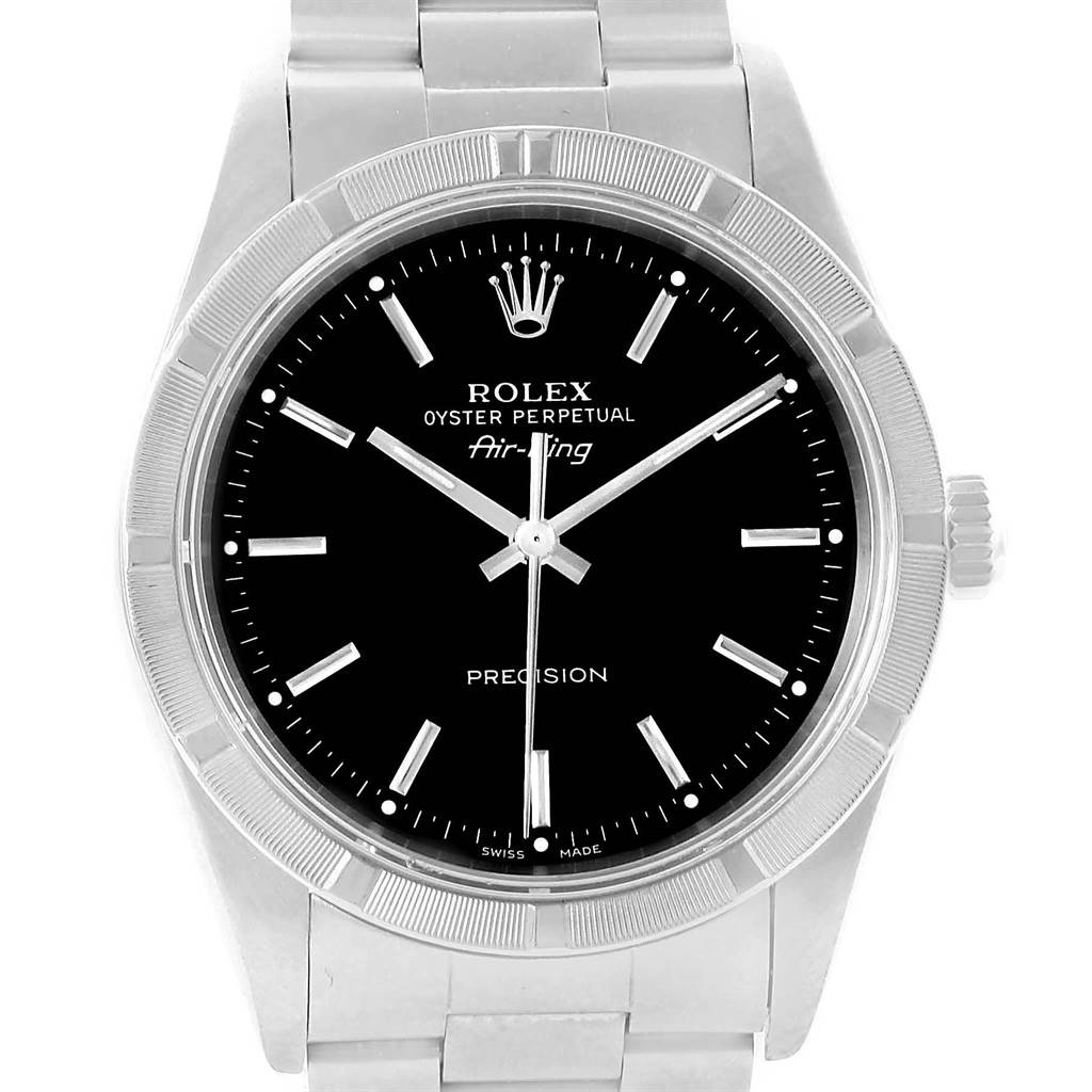 The image shows a front view of a Rolex Air-King 14010 Men's Stainless Steel Black Dial 14010 Men's Stainless Steel Black Dial watch displaying the face, bezel, crown, and part of the bracelet.