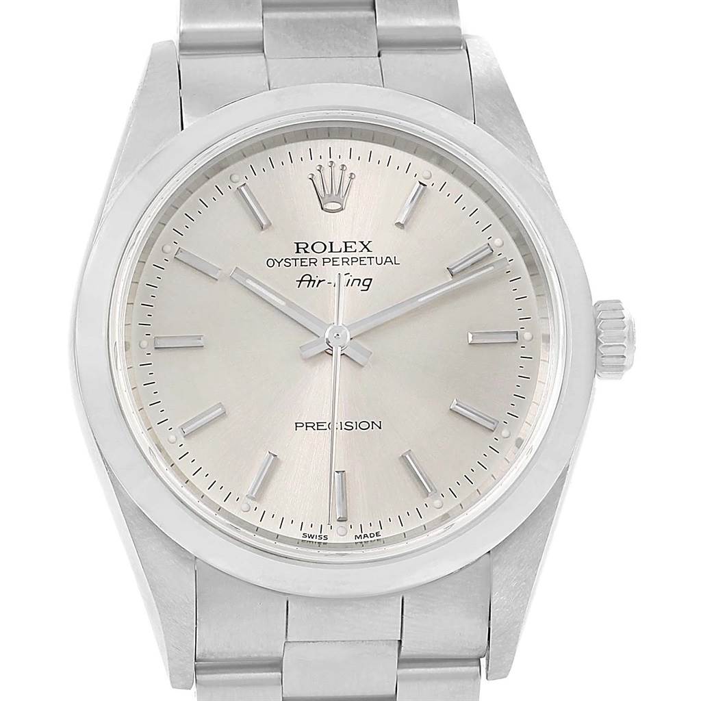 The image shows a frontal view of the Rolex Air-King 14000 Men's Stainless Steel Silver Dial 14000 Men's Stainless Steel Silver Dial watch, including the dial, hands, bezel, and part of the bracelet.