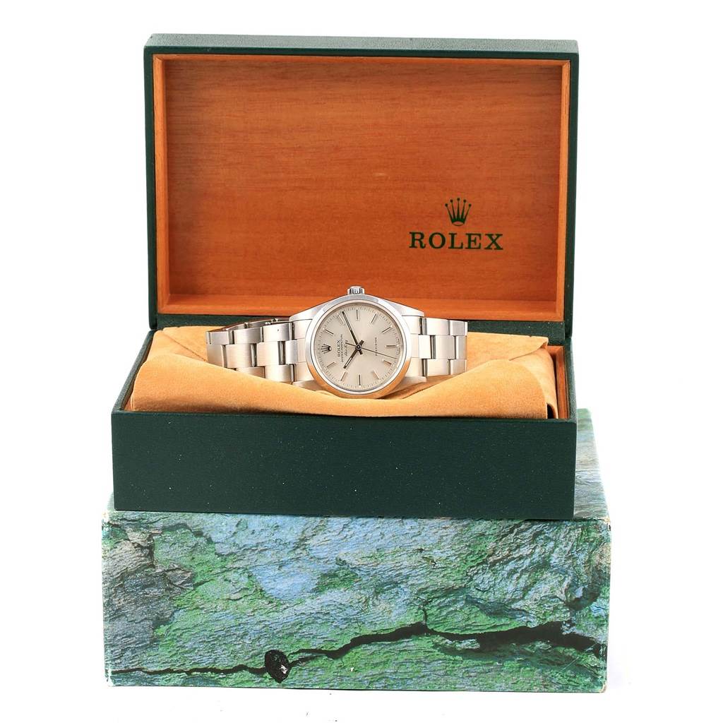 This image shows a Rolex Air-King 14000 Men's Stainless Steel Silver Dial 14000 Men's Stainless Steel Silver Dial watch inside its open box, viewed from the front.