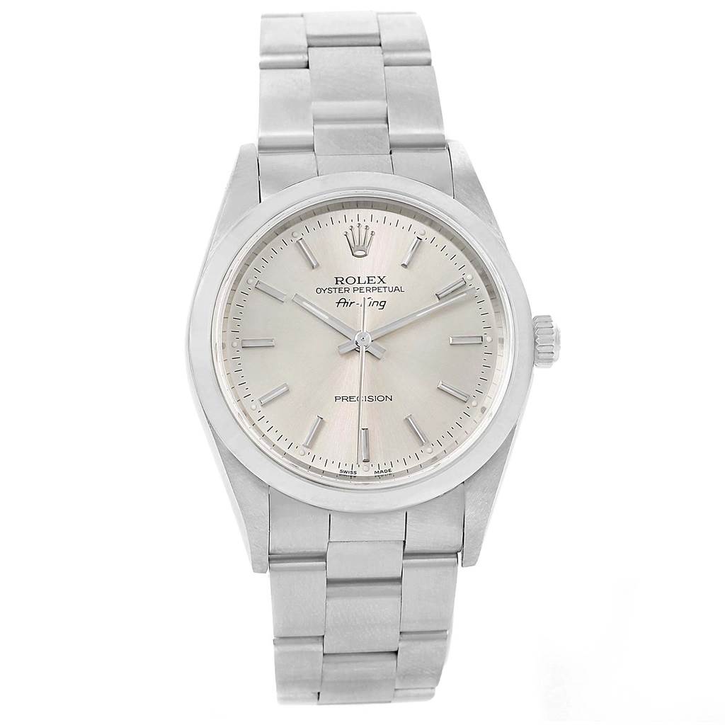 The image shows a front view of a Rolex Air-King 14000 Men's Stainless Steel Silver Dial 14000 Men's Stainless Steel Silver Dial watch, detailing its face, crown, and bracelet.