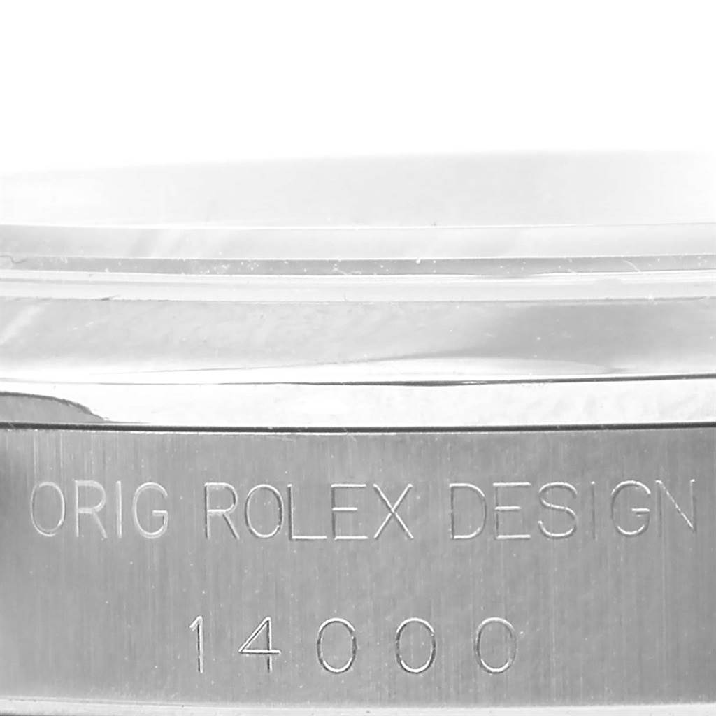 This close-up image shows the side of the Rolex Air-King 14000 Men's Stainless Steel Black Dial 14000 Men's Stainless Steel Black Dial watch case, highlighting the engraved model number "14000."