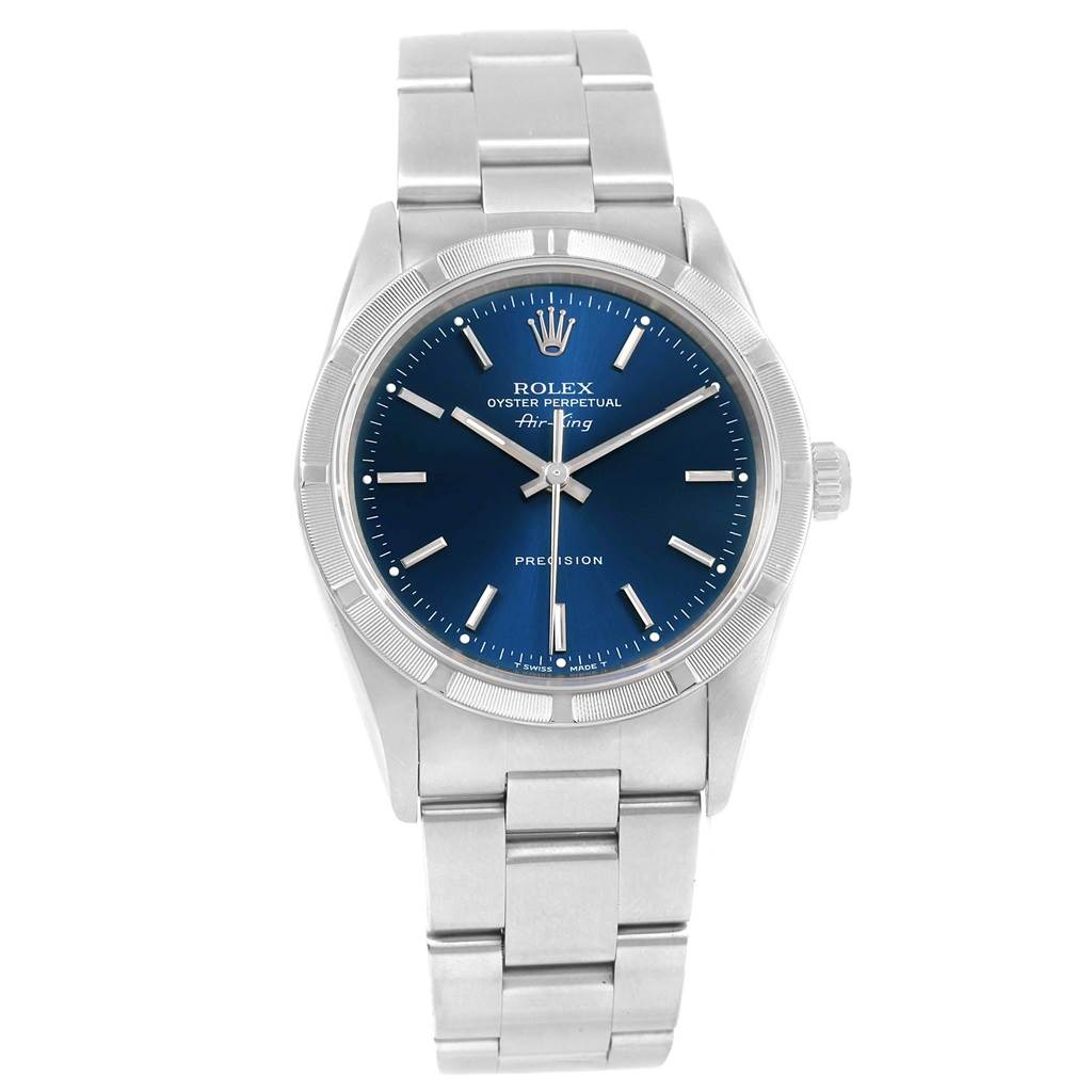 The image shows a front view of the Rolex Air-King 14010 Men's Stainless Steel Blue Dial 14010 Men's Stainless Steel Blue Dial watch featuring its face, bezel, crown, and metal bracelet.