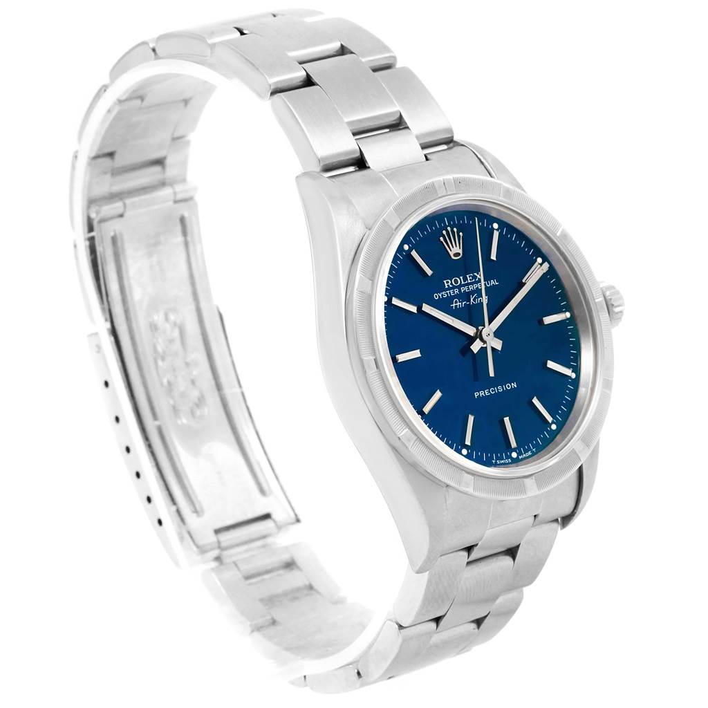 The image shows a Rolex Air-King 14010 Men's Stainless Steel Blue Dial 14010 Men's Stainless Steel Blue Dial watch from a side angle, highlighting its bracelet and blue dial.