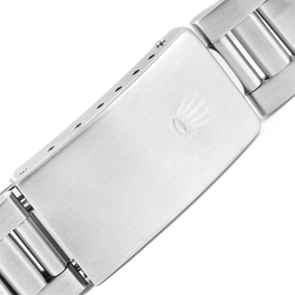 The image shows a close-up of the bracelet clasp of a Rolex Air-King 14010 Men's Stainless Steel Blue Dial 14010 Men's Stainless Steel Blue Dial watch.