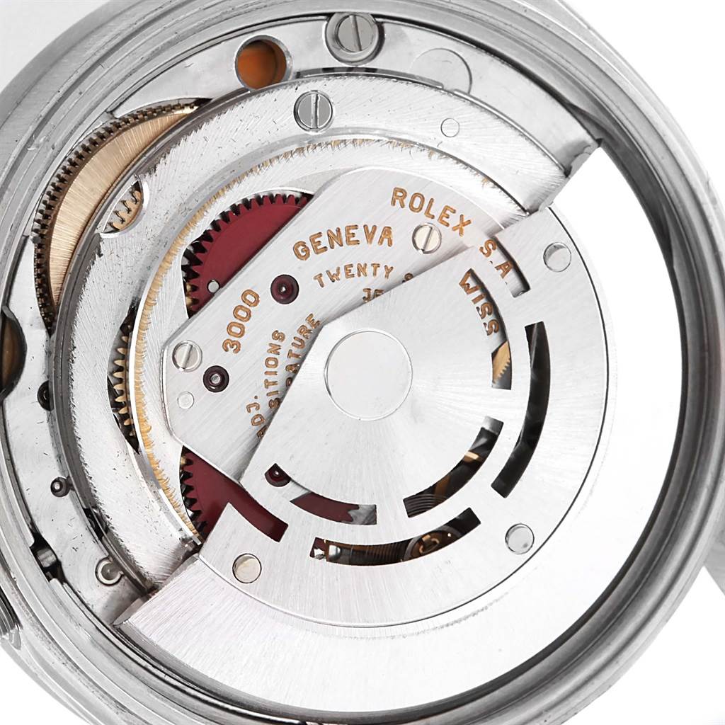 This image shows the internal mechanism of a Rolex Air-King 14010 Men's Stainless Steel Blue Dial 14010 Men's Stainless Steel Blue Dial watch from a top-down angle.