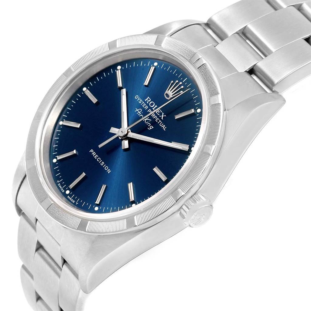 The image displays a side view of the Rolex Air-King 14010 Men's Stainless Steel Blue Dial 14010 Men's Stainless Steel Blue Dial watch, showing the dial, bezel, case, crown, and part of the bracelet.