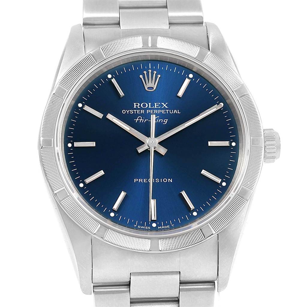 This image shows a front view of the Rolex Air-King 14010 Men's Stainless Steel Blue Dial 14010 Men's Stainless Steel Blue Dial watch with a blue dial and silver bracelet.