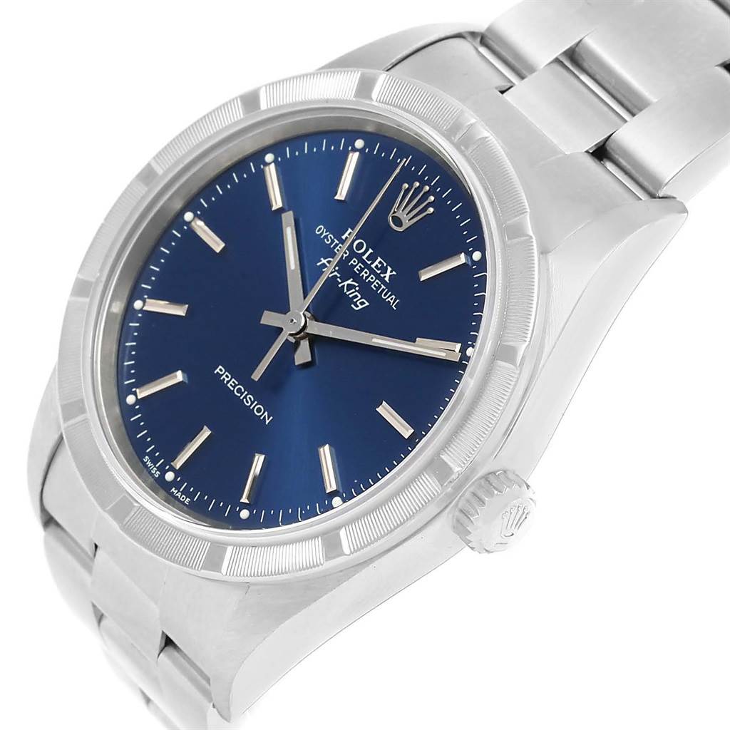 This image shows a Rolex Air-King 14010 Men's Stainless Steel Blue Dial 14010 Men's Stainless Steel Blue Dial watch from a front-left angle, highlighting its blue dial, bezel, crown, and bracelet.