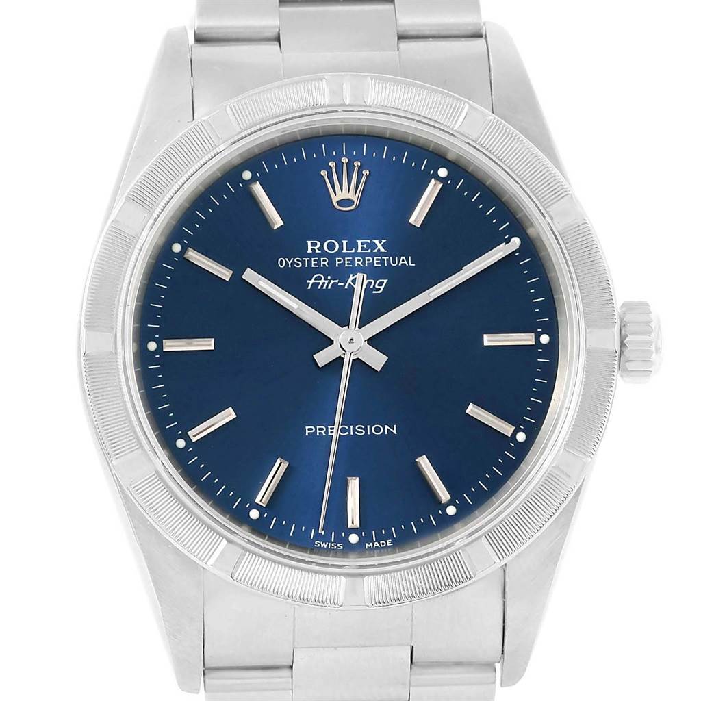 The image shows a front view of a Rolex Air-King 14010 Men's Stainless Steel Blue Dial 14010 Men's Stainless Steel Blue Dial watch, displaying its blue dial, hour markers, hands, and part of the bracelet.