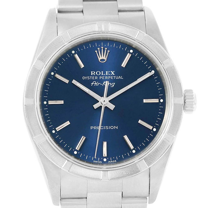 Rolex Air King Steel Blue Baton Dial Oyster Bracelet Mens Watch 14010 SwissWatchExpo