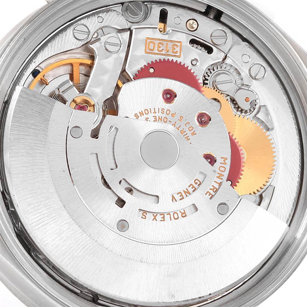 This image shows the internal mechanical movement of a Rolex Air-King 14010 Men's Stainless Steel Blue Dial 14010 Men's Stainless Steel Blue Dial watch from a rear angle.