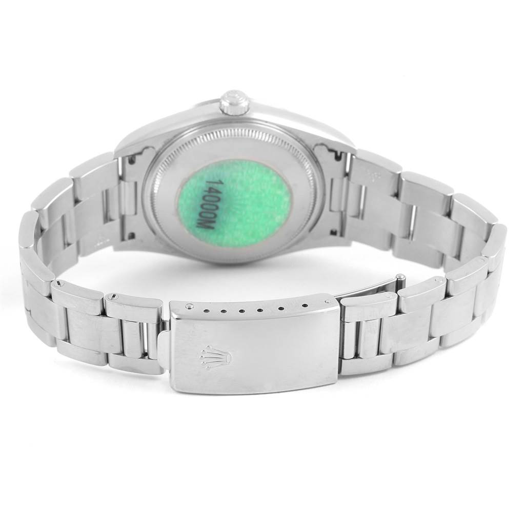 The image shows the back view of a Rolex Air-King 14000 Men's Stainless Steel Black Dial 14000 Men's Stainless Steel Black Dial watch, highlighting the case back, bracelet, and clasp.