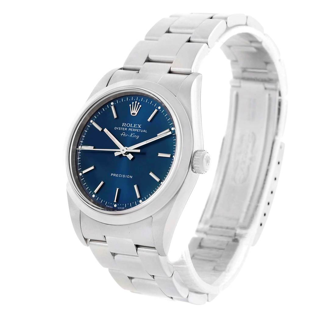 The Rolex Air-King 14000 Men's Stainless Steel Blue Dial 14000 Men's Stainless Steel Blue Dial watch is shown at an angle, displaying its face, bezel, crown, and bracelet.