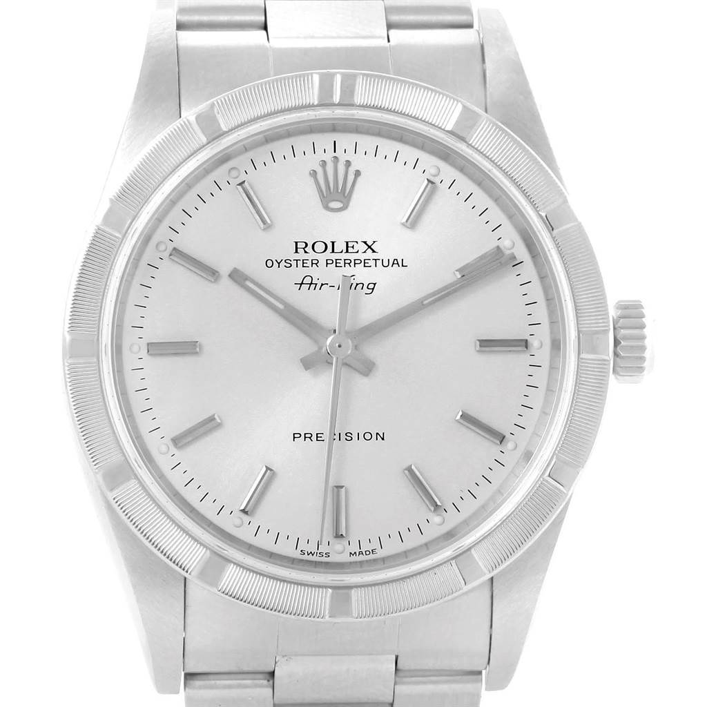 The image shows a front view of a Rolex Air-King 14010 Men's Stainless Steel Silver Dial 14010 Men's Stainless Steel Silver Dial watch, displaying the dial, bezel, crown, and part of the bracelet.