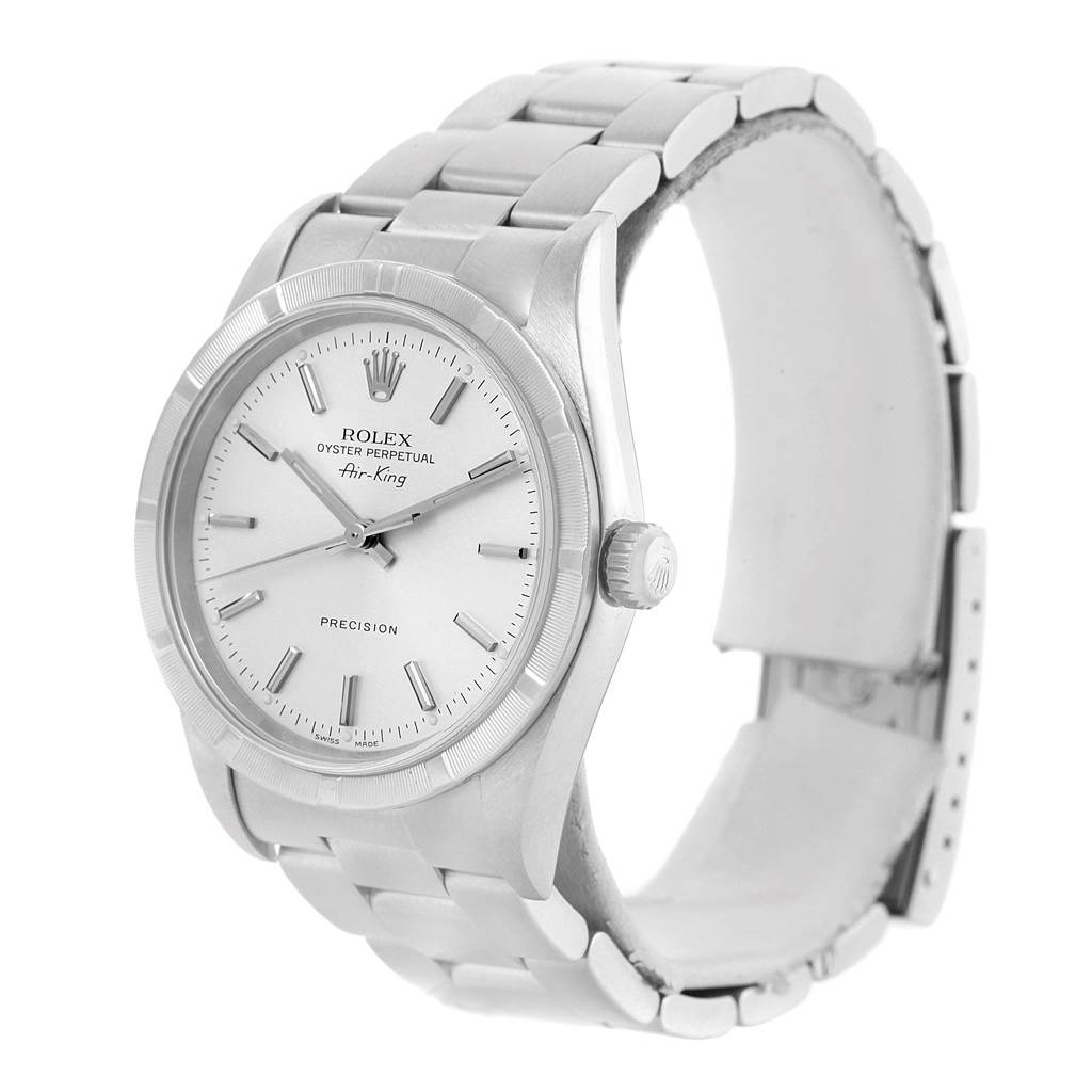 The image shows a Rolex Air-King 14010 Men's Stainless Steel Silver Dial 14010 Men's Stainless Steel Silver Dial watch angled to display the face, crown, and part of the bracelet.