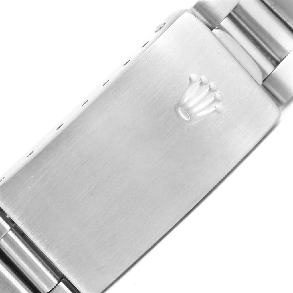This image shows a close-up of the clasp on the bracelet of the Rolex Air-King 14010 Men's Stainless Steel White Dial 14010 Men's Stainless Steel White Dial watch.