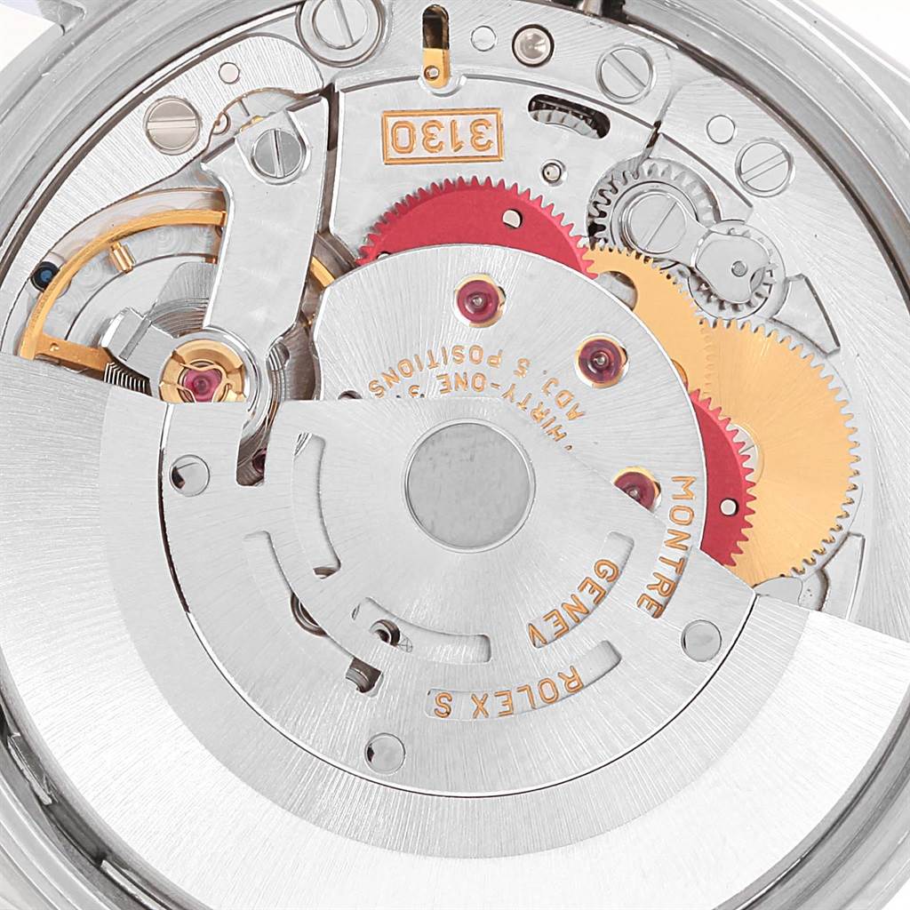 This image shows a close-up view of the movement mechanism of the Rolex Air-King 14010 Men's Stainless Steel White Dial 14010 Men's Stainless Steel White Dial watch model.