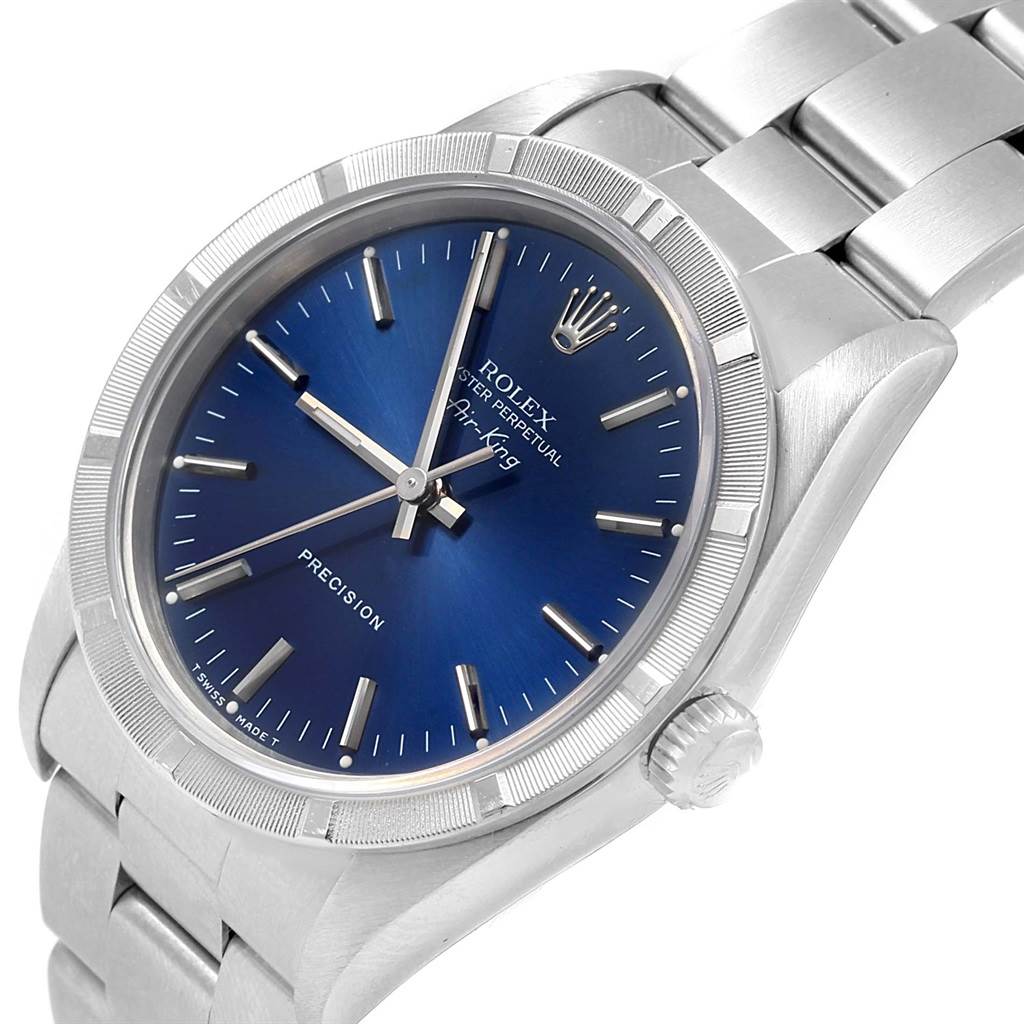 The image shows a Rolex Air-King 14010 Men's Stainless Steel Blue Dial 14010 Men's Stainless Steel Blue Dial watch at an angled view, highlighting its blue dial, bezel, crown, and part of the bracelet.