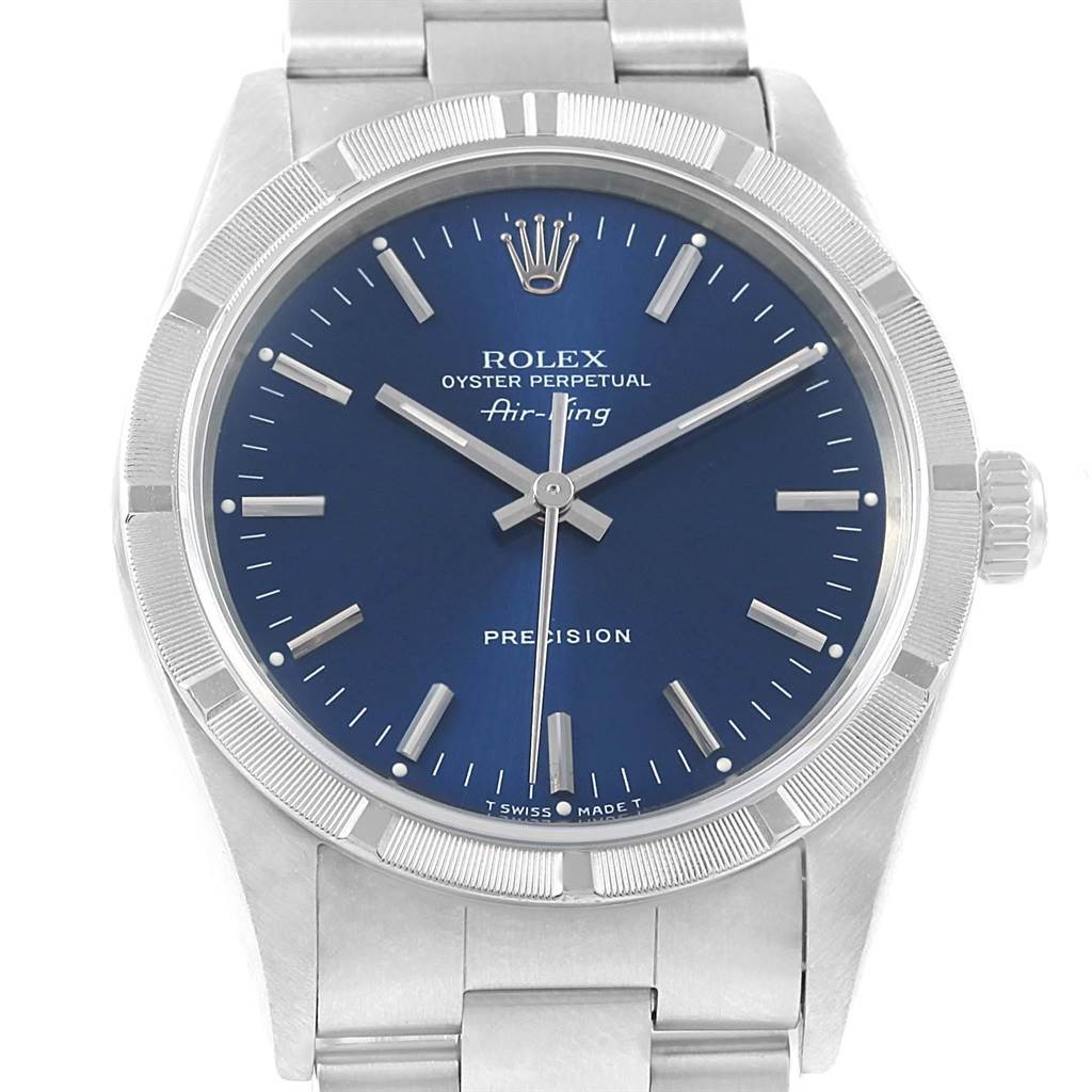 The image shows a front view of a Rolex Air-King 14010 Men's Stainless Steel Blue Dial 14010 Men's Stainless Steel Blue Dial watch, displaying the blue dial, hour markers, hands, and part of the band.