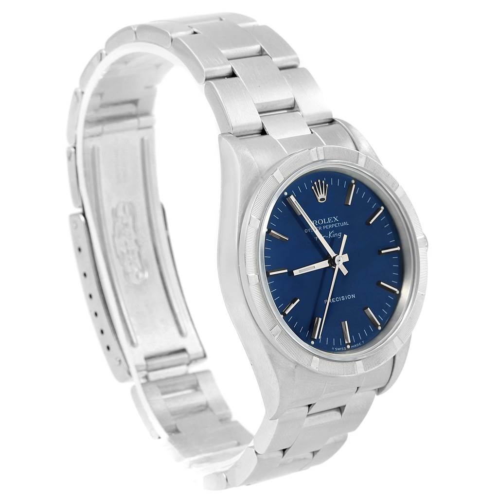 The Rolex Air-King 14010 Men's Stainless Steel Blue Dial 14010 Men's Stainless Steel Blue Dial watch is shown with a silver bracelet and a blue dial, viewed from a left-front angle.