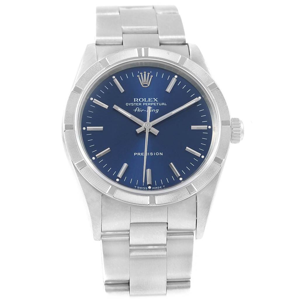 The Rolex Air-King 14010 Men's Stainless Steel Blue Dial 14010 Men's Stainless Steel Blue Dial watch is shown from a front angle, displaying its face, bezel, crown, and bracelet.