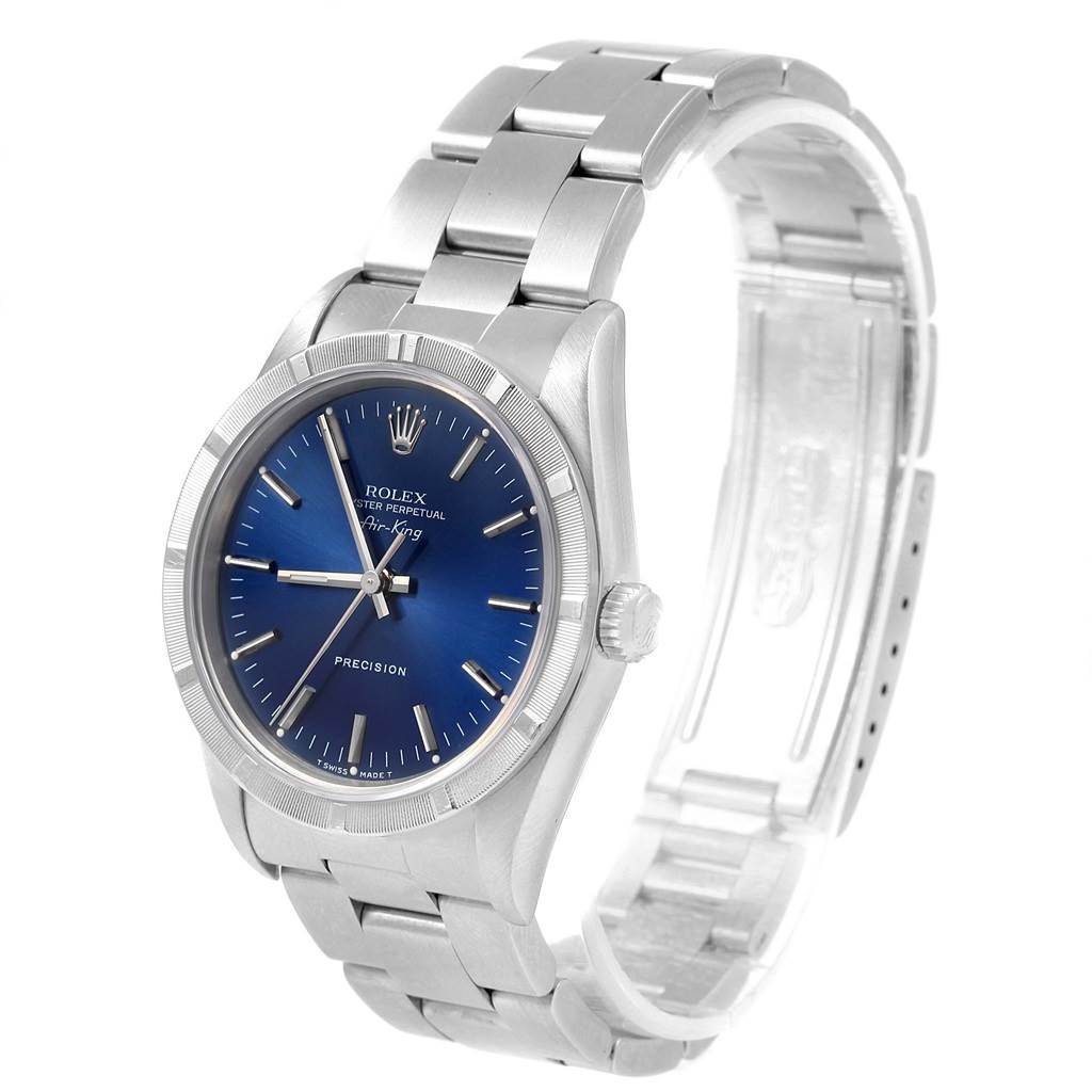 The Rolex Air-King 14010 Men's Stainless Steel Blue Dial 14010 Men's Stainless Steel Blue Dial watch is shown at a slight angle, displaying the dial, bezel, crown, and bracelet.
