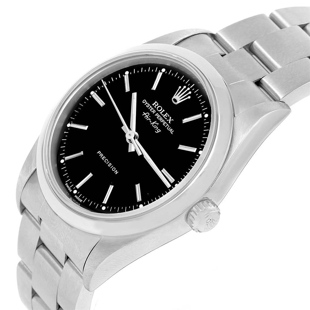 This image shows a Rolex Air-King 14000 Men's Stainless Steel Black Dial 14000 Men's Stainless Steel Black Dial watch at a slight upward angle, highlighting the black dial, crown, and part of the bracelet.