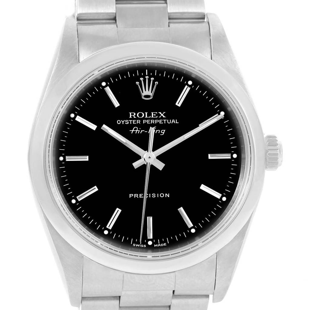 The image shows a frontal view of the Rolex Air-King 14000 Men's Stainless Steel Black Dial 14000 Men's Stainless Steel Black Dial watch, displaying the dial, hour markers, hands, crown, and part of the bracelet.