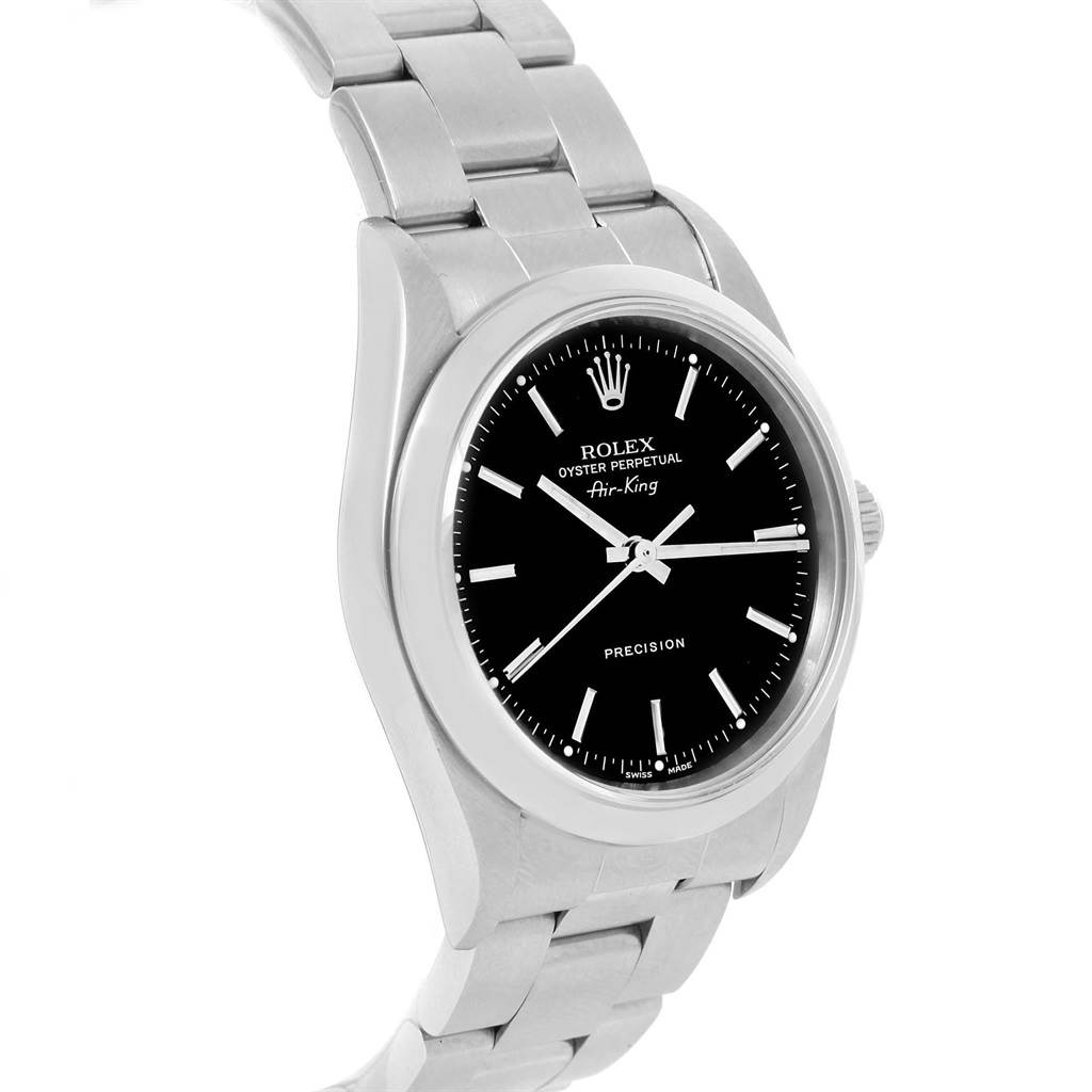 The Rolex Air-King 14000 Men's Stainless Steel Black Dial 14000 Men's Stainless Steel Black Dial watch is shown at a slight angle, featuring the face, bezel, case, and part of the bracelet.