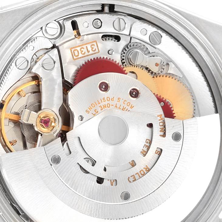This image shows a close-up view of the internal movement mechanism of a Rolex Air-King 14000 Men's Stainless Steel Black Dial 14000 Men's Stainless Steel Black Dial watch.