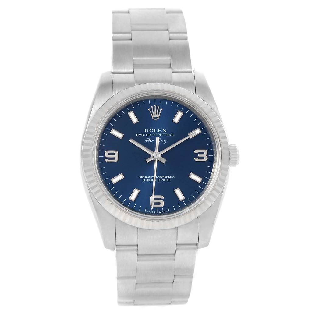 This Rolex Air-King 114234 Men's Stainless Steel Blue Dial 114234 Men's Stainless Steel Blue Dial model watch is shown from a front angle, displaying the face, bezel, and bracelet.