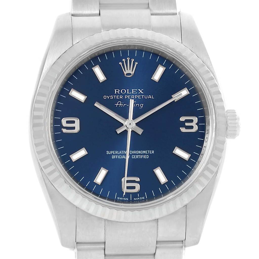 The image shows a front view of the Rolex Air-King 114234 Men's Stainless Steel Blue Dial 114234 Men's Stainless Steel Blue Dial watch, highlighting its blue dial and silver bracelet.