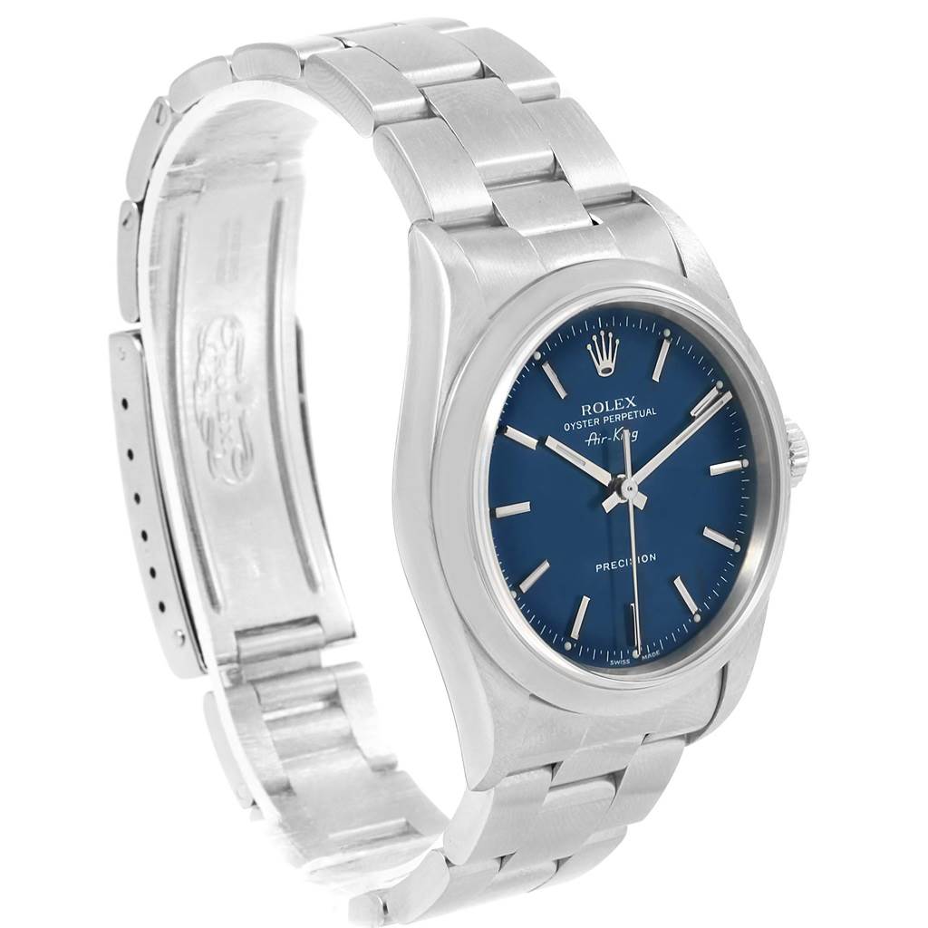 The Rolex Air-King 14000 Men's Stainless Steel Blue Dial 14000 Men's Stainless Steel Blue Dial watch is shown at an angled front view, featuring its blue dial and stainless steel bracelet with the clasp open.