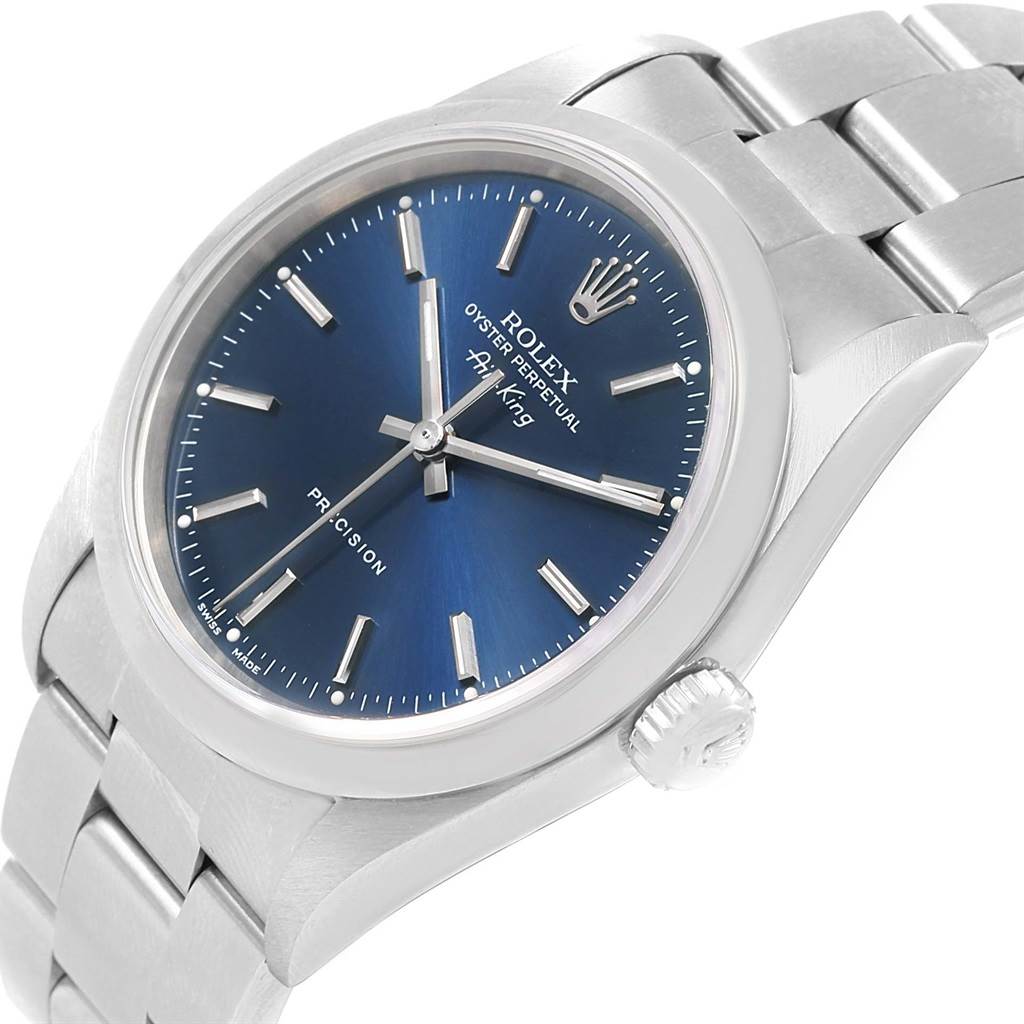 The image shows a close-up, angled view of the Rolex Air-King 14000 Men's Stainless Steel Blue Dial 14000 Men's Stainless Steel Blue Dial watch, featuring its face, bezel, crown, and part of its bracelet.