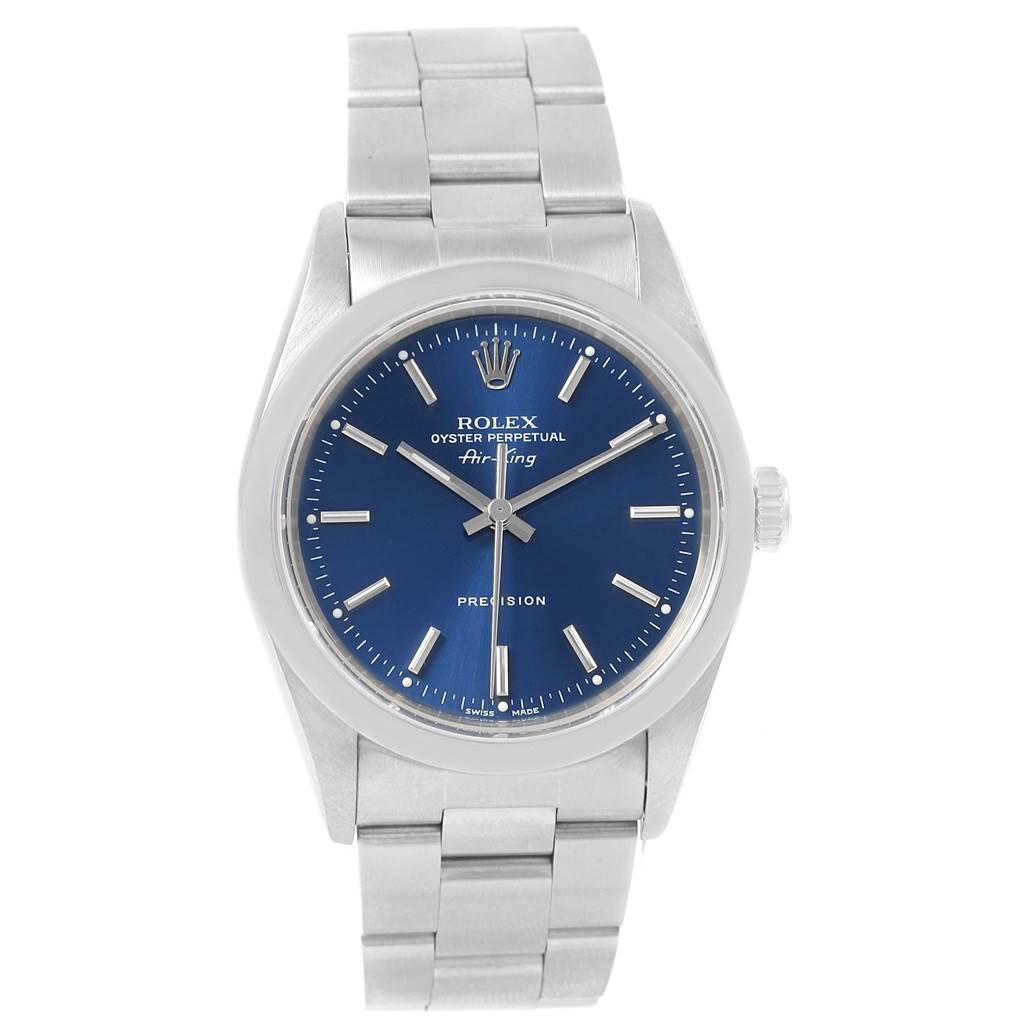 The image shows a front view of a Rolex Air-King 14000 Men's Stainless Steel Blue Dial 14000 Men's Stainless Steel Blue Dial watch with a blue dial and stainless steel bracelet.