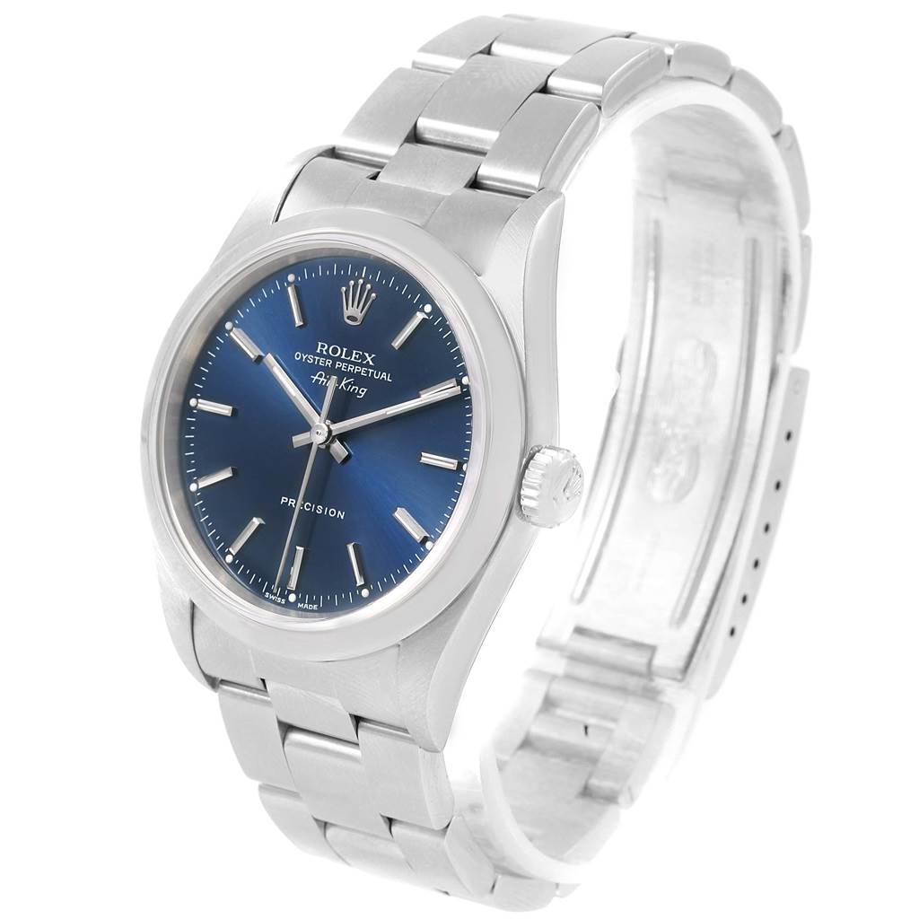 The Rolex Air-King 14000 Men's Stainless Steel Blue Dial 14000 Men's Stainless Steel Blue Dial watch is angled to show the face, bracelet, and crown.