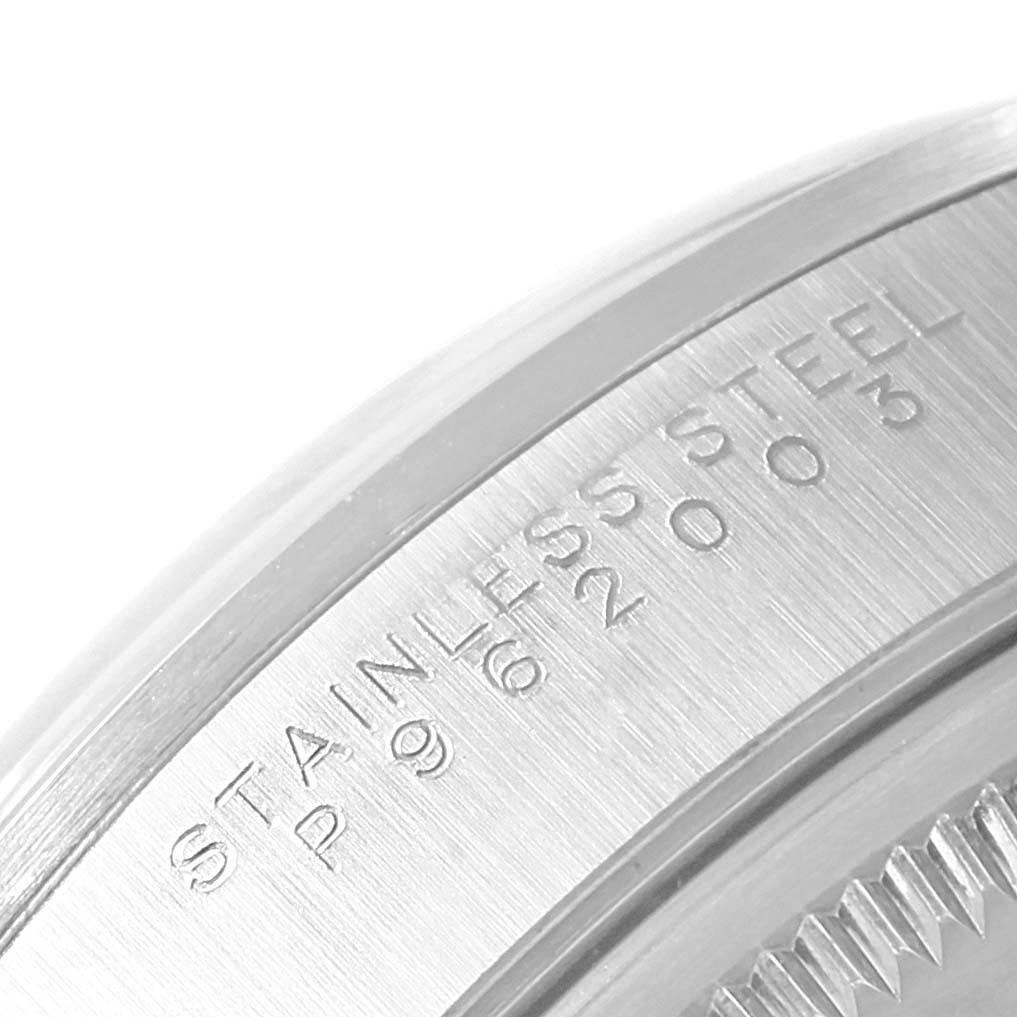 This image shows a close-up of the stainless steel outer rim and engraved details of the Rolex Air-King 14000 Men's Stainless Steel Blue Dial 14000 Men's Stainless Steel Blue Dial watch.