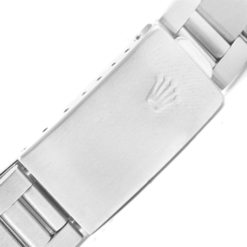 The image shows a close-up of the clasp on a Rolex Air-King 14000 Men's Stainless Steel Blue Dial 14000 Men's Stainless Steel Blue Dial watch, with the Rolex logo visible.