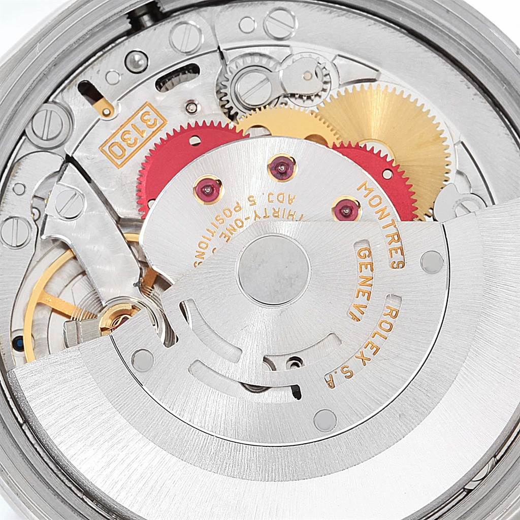 The image shows the intricate mechanical movement and internal components of the Rolex Air-King 14000 Men's Stainless Steel Blue Dial 14000 Men's Stainless Steel Blue Dial watch from a top-down angle.