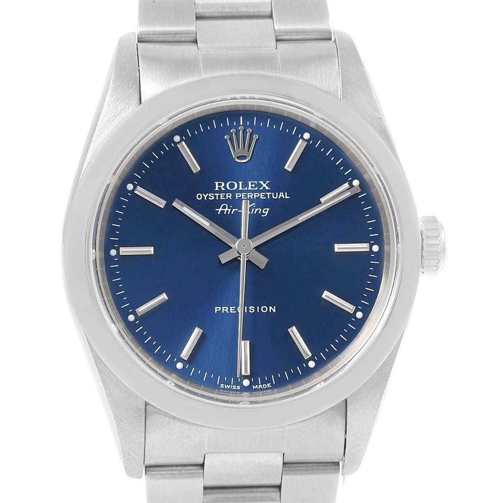 This image shows a front view of the Rolex Air-King 14000 Men's Stainless Steel Blue Dial 14000 Men's Stainless Steel Blue Dial watch featuring its blue dial, hour markers, brand logo, crown, and bracelet.
