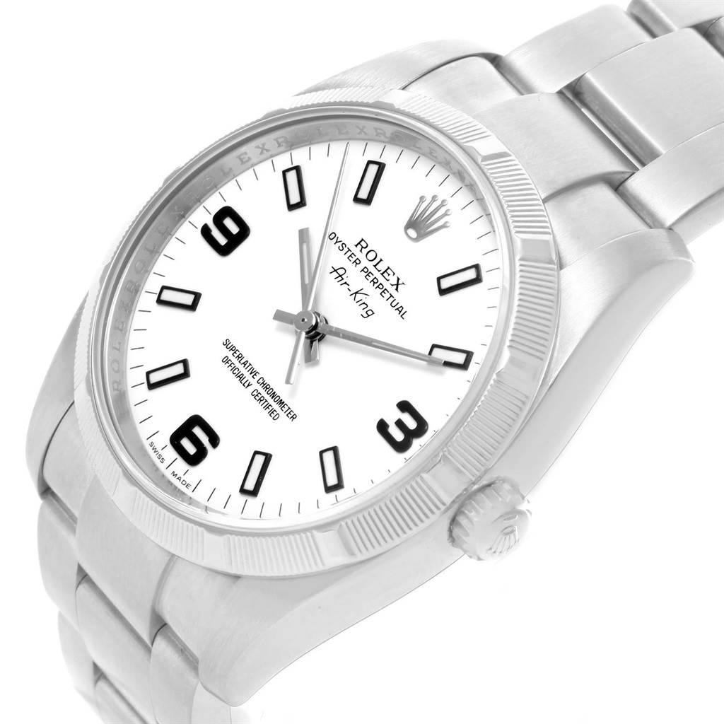 The image shows a Rolex Air-King 114210 Men's Stainless Steel White Dial 114210 Men's Stainless Steel White Dial watch at a tilted angle, highlighting its face, bezel, and part of the bracelet.