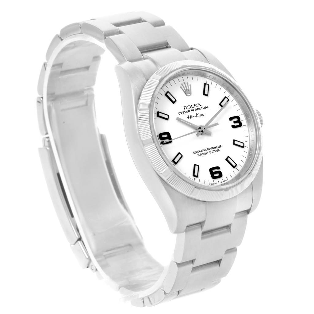 The image shows a Rolex Air-King 114210 Men's Stainless Steel White Dial 114210 Men's Stainless Steel White Dial watch at a three-quarter angle, highlighting the face, dial, and bracelet.