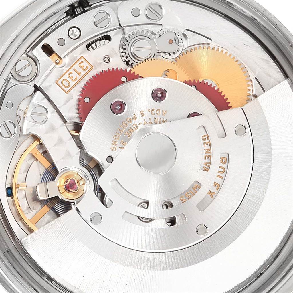 This image shows a close-up view of the internal movement mechanism of the Rolex Air-King 114210 Men's Stainless Steel White Dial 114210 Men's Stainless Steel White Dial watch.