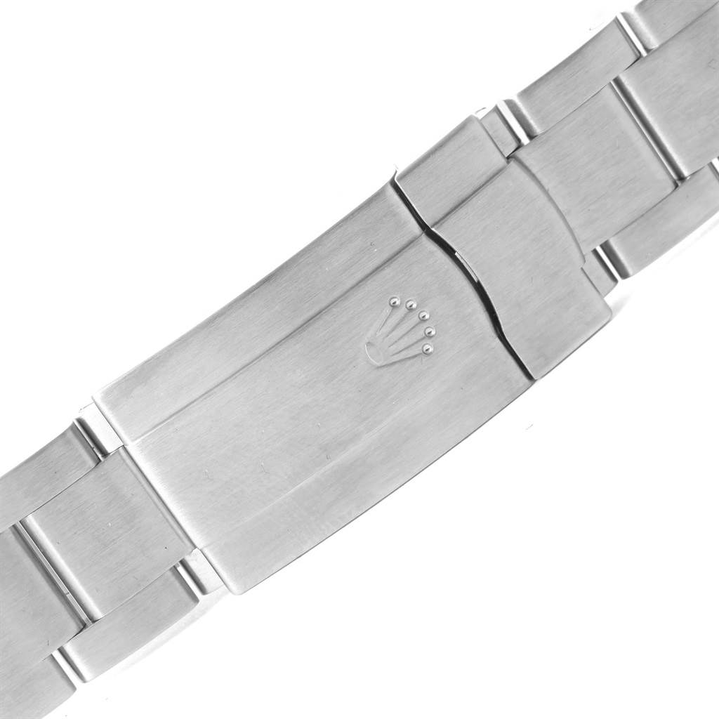This image shows the clasp of a Rolex Air-King 114210 Men's Stainless Steel White Dial 114210 Men's Stainless Steel White Dial watch bracelet, featuring the iconic Rolex crown logo.